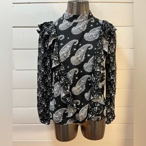 TED BAKER London – Black & White Paisley Waterfall Frill Top (Size 2 / US S)